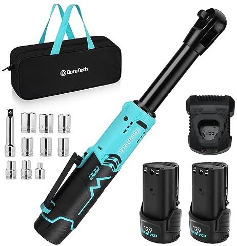 DURATECH Extended Cordless Ratchet Wrench, 3/8 12V 44 Ft-Lbs Long Neck Electric Ratchet Wrench with 2-Pack 2.0Ah Li-Ion Battery, 1 Hour Fast Charger, 10 Sockets Accessories & Variable Speed Trigger