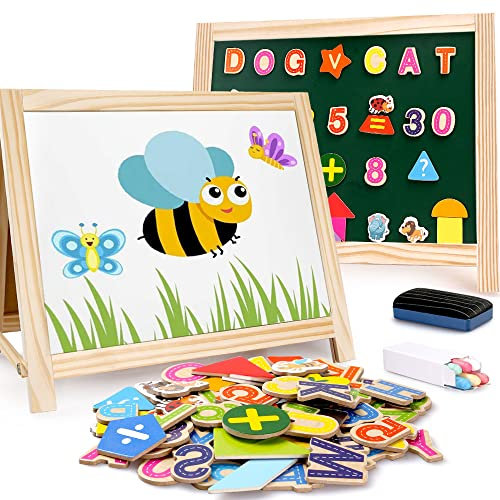 Support d'art en bois pour enfants tableau blanc magnétique et tableau noir table à dessin avec cadeau alphanumérique magnétique pour les jeunes enfants garçon fille 3 4 5 6 7 8 9 10 ans