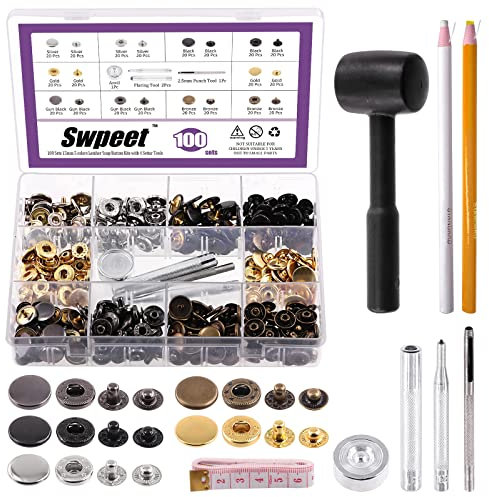 Swpeet Leder Schnappverschlüsse Kit 100 Sets 15mm Leder Druckknöpfe mit 4 Stück Befestigungswerkzeug und Plastikhammer Sortiment Kit, Handwerk Snap Leder Druckknöpfe Metall Druckknöpfe Metall Knopf
