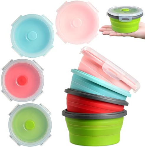 Suclain 4 Pcs Camping Bowl with Lid Collapsible Silicone Lunch Box Salad Bowl Expandable Food Storage Container Folding Travel Container for Hiking Camping(Red, Pink, Blue, Green,12 oz)