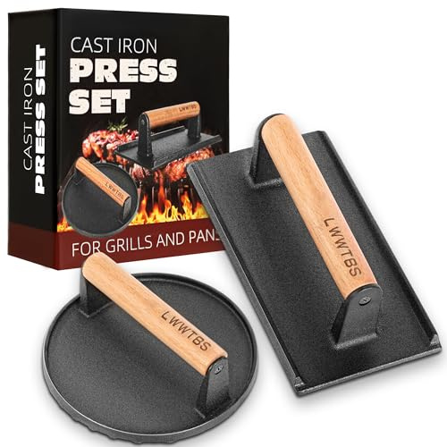LWWTBS Burger Press Heavy-Duty Cast Iron Smashed Meat Steak Weight Grill Griddle Press (7 Round & 8.2X4.3 Rectangle) with Wood Handle for Blackstone Griddle