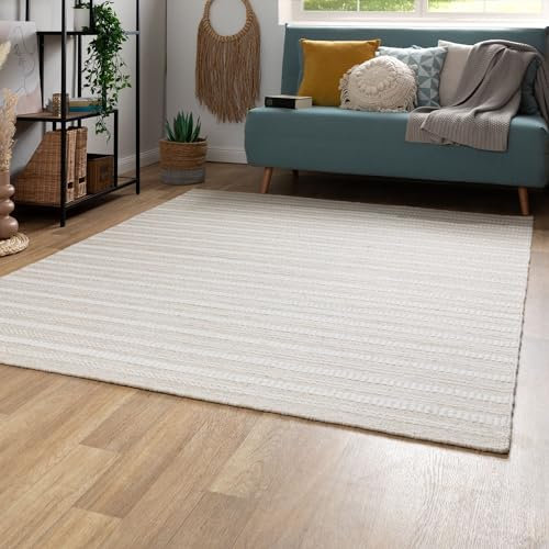 Steffensmeier Handweb Teppich Habo | Wolle (Schurwolle), Beige, handgewebt, Größe: 140x200 cm Wohnzimmer und Schlafzimmer