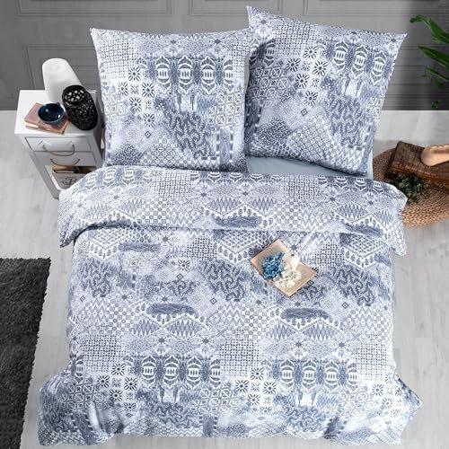 ZIRVEHOME Bettwäsche-Set 240x220 cm, 3-teilig, Baumwolle Renforcé, Dunkelblau & Grau - Bettgarnitur mit Bettbezug und Kissenbezug (80x80 cm), Geometrische und ikonische Muster, Pava