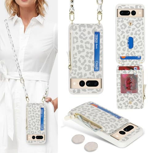 SailorTech för Google Pixel 7 Pro telefonfodral med kreditkortshållare för kvinnor, Google Pixel 7 Pro läderfodral, plånbok, crossbody med kortfack, dragkedja, stöttåligt fodral för män, vit leopard