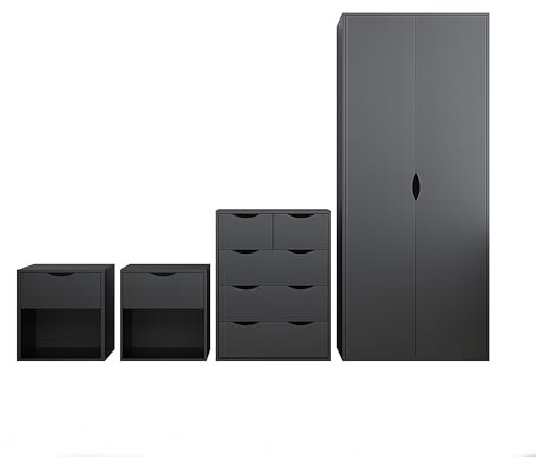 AFN Delvito 4 Piece Bedroom Furniture Set - Includes Wardrobe, 5 Drawer Chest, Bedside Cabinet (Black MATT on Black)