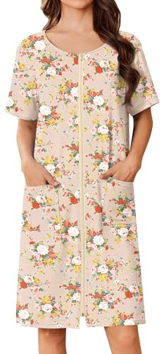 Ekouaer Peignoir court à fermeture éclair pour femme - Léger - Imprimé floral - Avec poches - Taille S à 3XL