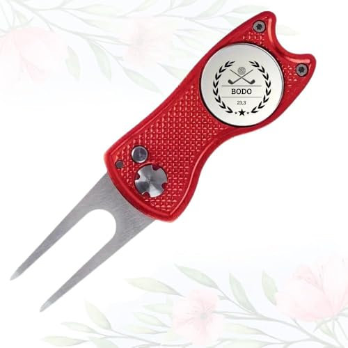 Generisch Personalisierbare Pitchgabel mit Ballmarker; Divottool mit Handicap und Namen (Rot)