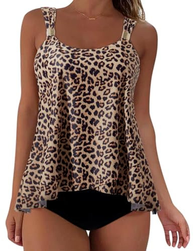 RXRXCOCO Tankini Damen Bauchweg Ruffle High Waisted Zweiteilig Bademode Leopard Schwarz Size XXL