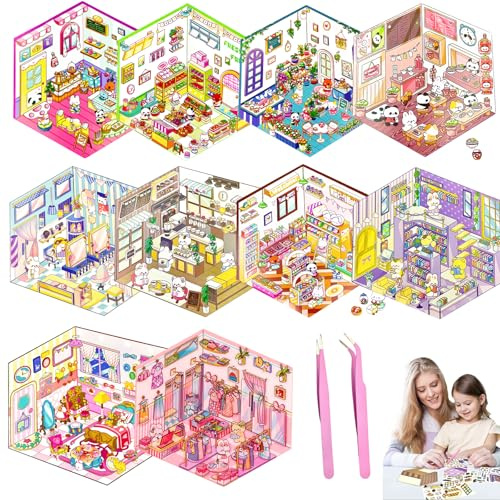 10 Sets DIY 3D House Stickers Kit Non-Toxic & Safe 3D Miniature Scene Therapy for Kids and Adults, Stress Relief Sticker Scenes with Tweezers Creative Fun & Reusable DIY Sticker Therapy Kit for age 3+