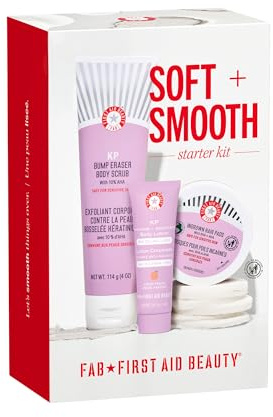 First Aid Beauty - Soft & Smooth Starter Kit, KP Bump Eraser Body Scrub with 10% AHA, 114 g, KP Smoothing Body Lotion with 10% AHA (Fresh Peach), 189.9 g, & Ingrown Hair Pads with BHA + AHA, 28 ct