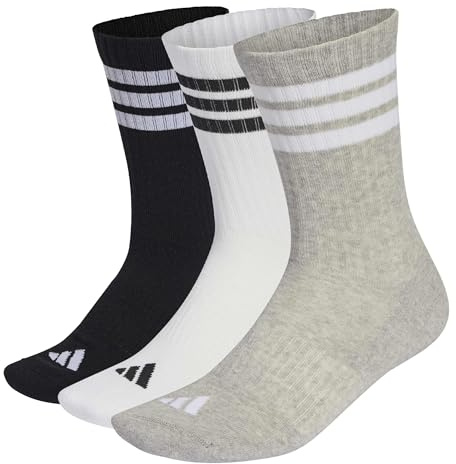 adidas Unisex 3Stripes Cushioned Sportswear Crew Socks 3 Pair Pack, medium grey heather/white/black, 8.5-10