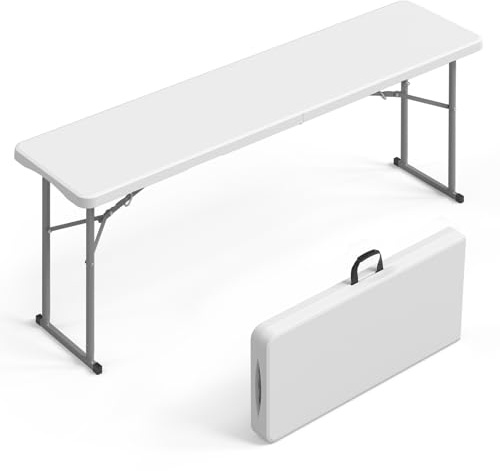 VINGLI 6 FT Narrow Folding Table, Tabletop Folded in Half, Premium Quality HDPE Material and Sturdy Metal Frame, Perfect for Buffet, Seminar, Party, Training, Home Work, White