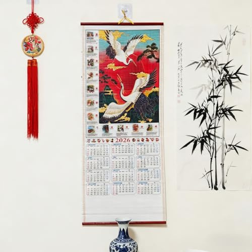 KYMY Chinese Wall Scroll Calendar, 2026 English Language Asian New Year Imitation Rattan Hanging Calendar, Zodiac Horse Feng Shui Hanging Decorations for Lunar New Year Home Office Wall Door