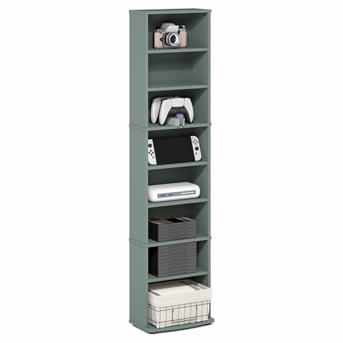 Furinno JAYA DVD Shelf, 8-Tier Tall Narrow CD Rack, Media Shelf with Adjustable Shelves, DVD Storage Cabinets for CD Blueray Game Disc, Easy Assembly, for Living Room, Home Office, Sage Green