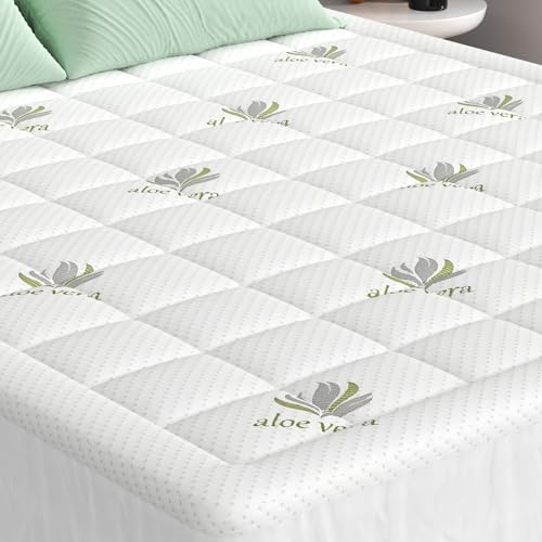 Memory Foam Mattress Topper Double Size Bed, Gel Mattress Cover Pad with Extra Deep Pocket, Soft Breathable Feather Mattress Topper (Aloe Vera, 4ft6 Double (135x190x3.5cm))