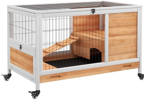 PawHut Jaula para Conejos de Madera Conejera para Mascotas Pequeñas Portátil Interior con Techo Abrible Rampa Bandeja Extraíble para Conejillos de Indias 90x53x59 cm Madera Natural