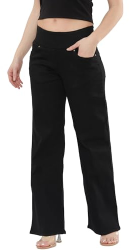 MYT Women’s Elasticated High Waist Wide Leg Jeans Tummy Control Stretch Denim Comfortable Casual Everyday Ladies Jeans Black 16 Regular