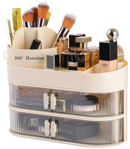 Organizador de Maquillaje Giratorio 360° con Cajón Bandejas Cosméticos Cremas Almacenaje Maquillaje para Tocador Baño Pintalabios Organizador Perfumes Skincare 3 Capas
