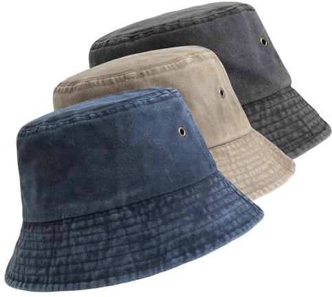 DOINEUFL 3 Pack Bucket Hat, Pure Washed Cotton Sun Hat, Retro Adjustable Wide Brim Hat for Men Women Unsiex Multicolour