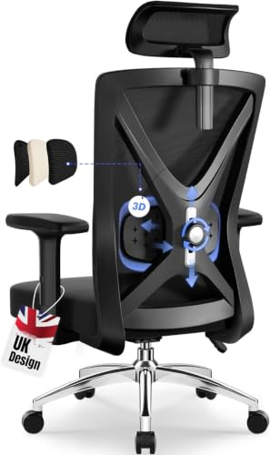 Daccormax Office Chair, Ergonomic Desk Chair with Lumbar Support, Mesh Office Chair Adjustable Armrests and Headrest, 135° Rocking PC Computer Chairs 150kg for Home Office