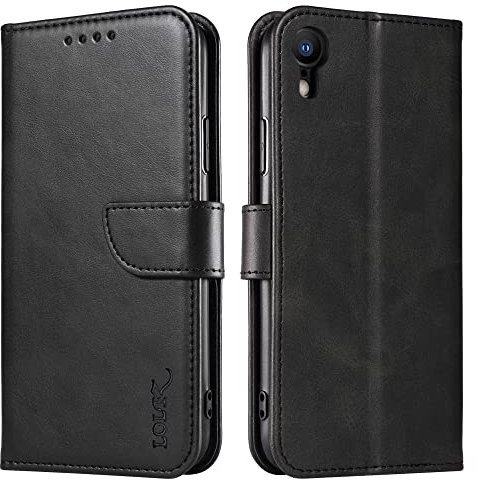 LOLFZ Wallet Case for iPhone XR, Vintage Leather Book Case with Card Holder Kickstand Magnetic Closure Flip Case Cover for iPhone XR - Black