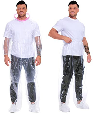 Molirex Einweg Regencape mit Kaputze, Übergröße transparent & wasserdicht für Erwachsene Regenponcho, 2 Stück Regenmäntel Regenhosen Anzug