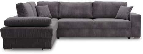 Ecksofa FESTINA 290/230 mit schlaffunktion und Bettkasten - L-förmig - Stoff Cordstoff - Eckcouch mit dekorativen Kissen (Links, POSO 022 Dunkelgrau)