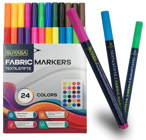 SUYASA 24 Textilstifte - Waschmaschinenfeste Stoffmalstifte für Textilien | Ungiftige Textilfarbe, Stoffmalfarben Waschfest für T-Shirt Bemalen, Textilmarker für Kinder, Wasserfester Stift