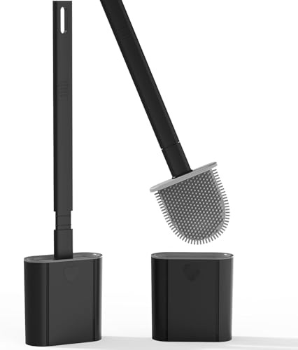 2 Pack Toilet Brush, Bathroom Silicone Toilet Brushes and Holder Sets with No-Slip Long Plastic Handle and Soft Flexible Bristles, Toilet Brushes with holders and Base for Anti-drip (Black)