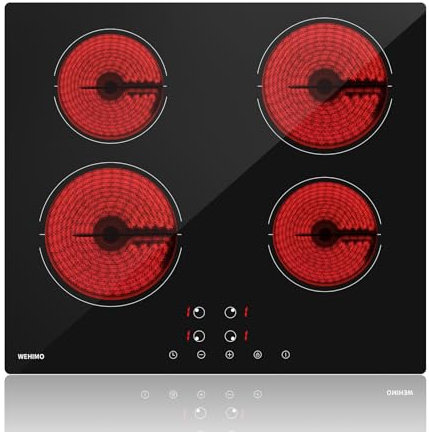 WEHIMO Piano Cottura in Vetroceramica 4 Fuochi, Piano Cottura Elettrico, 59cm, 6000W, 4 Zone di Cottura, 9 Livelli di Riscaldamento, Timer, Controllo Tocco, Sicurezza Bambini