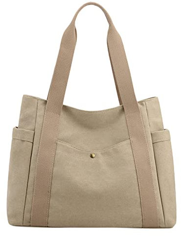 Taschen Günstig Damen Canvas Tote Handtaschen Multi Pocket Retro Lässige Umhängetasche Top Handle Satchel Tote Purse Arbeitswesten Herren Viele Taschen (Khaki, One Size)