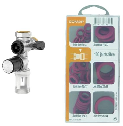 COMAP Groupe de sécurité 889 siège Inox droit pour chauffe eau, cumulus - 20x27 ou 3/4 - R110007001, Gris & Coffret de 100 Joints fibre pour eau chaude/froide