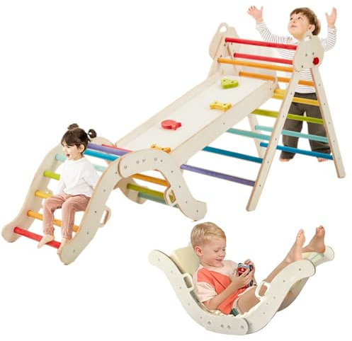 EROMMY 5 in 1 Kinder Klettergerüst Set mit Matte, Regenbogen-Indoor Klettergerüst, stabiles faltbares Kletterdreieck mit doppelseitiger Rutsche für Kinder ab 3 Jahre
