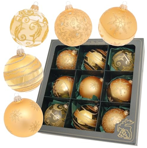Krebs Glas Lauscha - Weihnachtsdekoration/Christbaumschmuck aus Glas - Satin-Glaskugelsortiment - Farbe: Gold - Inhalt: 9 Stück - Größe: ca. 8 cm