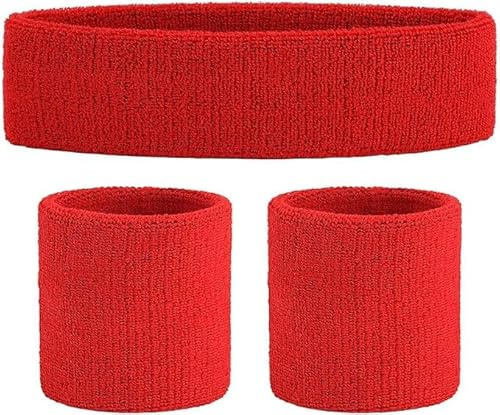 COSHAL® 1 Headband & Wrist Bands for Ladies Gym Exercise Sports Neon Sweat SET 80's Fancy Dress Accessories Neon 1 Headbands and 2 Wristbands, Sports Accessories Red