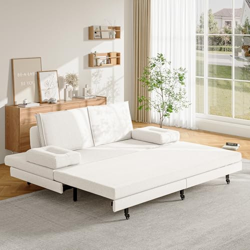 RXMORI Sofá convertible 90/180 x 200 cm, sofá cama doble con sofá cama de matrimonio con sofá cama extensible, somier de láminas tapizado en lino, con ruedas, con colchón y almohada (blanco)