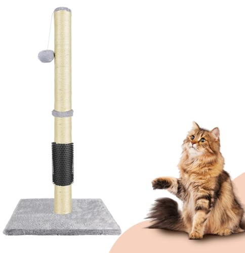 Colonne à griffer, pour chat, 40 x 40 x 80 cm, en sisal naturel, poteau, avec balle suspendue, peluche douce, poteau à gratter