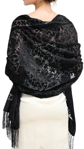 Limtula Luxuriöser Samt-Schal für Damen, Abendkleid, Schultertuch, multifunktional, langer Fransenschal mit Stickerei, Kopftuch, Schwarz , One size