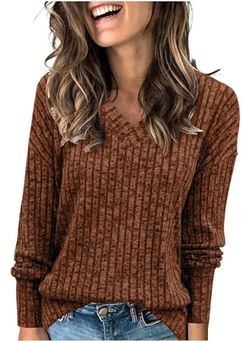 Damen-Langarmshirts, lässige Oberteile mit V-Ausschnitt, skåp sitzende, tröja, Brun, XL