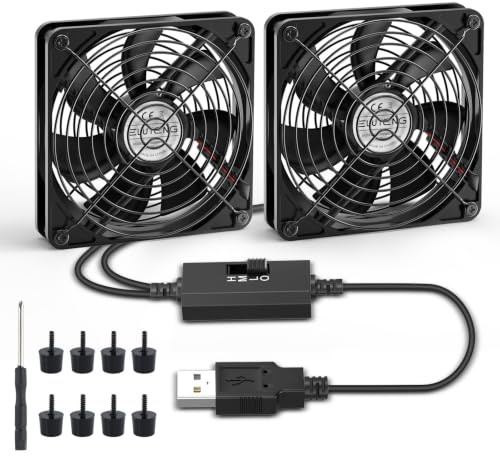 ELUTENG 2-i-1 USB-fläkt, 120 mm, 5 V, dubbel USB-PC-fläkt med 3 justerbara hastigheter, datorfläkt med 8 stötdämpande fötter och metallgaller för PS4/laptop/TV-box/AV-skåp/router