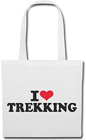 Reifen-Markt Tasche Umhängetasche I LOVE TREKKING - MOUNTAINBIKE - WANDERN - MARATHON - TREKKINGS RAD Einkaufstasche Schulbeutel Turnbeutel in Weiß