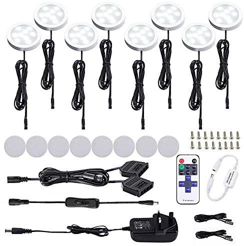 AIBOO LED Under Cabinet Kitchen Lights 8 Pack Dimmable with Remote,240V LED Puck Lights Plug in Under Counter Lights for Kitchen,Cabinet,Cupboard,Display Shelf,Bookcase,Daylight White 6000K