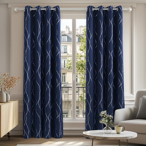 Deconovo Cortinas Opaca para Habitación Matrimonio de líneas Plateadas Estilo Moderno Elegante con Ojales 2 Piezas 132x214cm Azul Marino