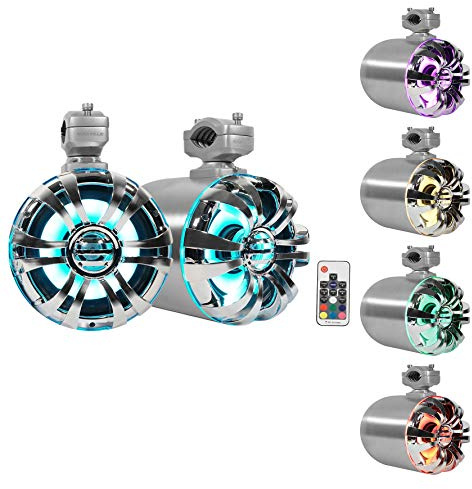 Rockville WB65KLED 600W Peak/300W RMS Marine Wakeboard Tower Speakers Pair, 6.5, Built-in LED Lights, 360 Degree Swivel, Waterproof, 4 Ohm, for Boats, Jeeps, and ATVs