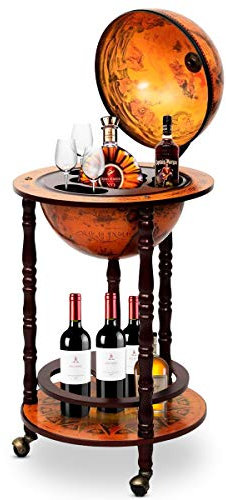 GIANTEX Globusbar mit 3 Rollen, Barwagen Weltkugel Cocktailbar mit Bodenplatte, Hausbar Minibar Tischbar Dekobar, Eukalyptusholz (braun)