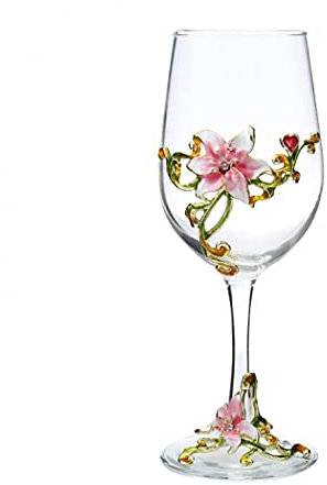 Verre à vin en émail peint à la main avec fleur - Cadeau d'anniversaire pour femme, maman, amie, fête des mères, sans plomb (lys rose)