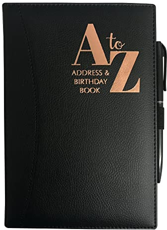 Telephone Address & Birthday Book A-Z Index Beautiful Colour PU Leather Style Cover A5 Size Soft Padded with Pen (Black)
