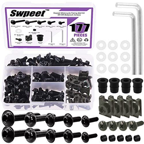 Swpeet 177Pcs Kit di Assortimento Bulloni per Carenatura Moto, 2 Dimensioni M5 M6, Viti per Parabrezza Moto, Bulloni per Carenatura Sportbike Adatti a Tutti i Modelli per Anni di Moto Sportive (nero)