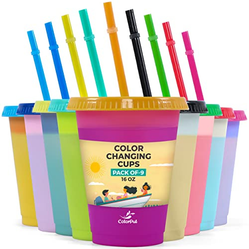 COLORPUL Kids Cups with Straws and Lids- 9 Packs 16 oz- Color Changing Cup - Thick Reusable Insulated Plastic Cup with Lids and Straws for Coffee Cups, Smoothie Cup