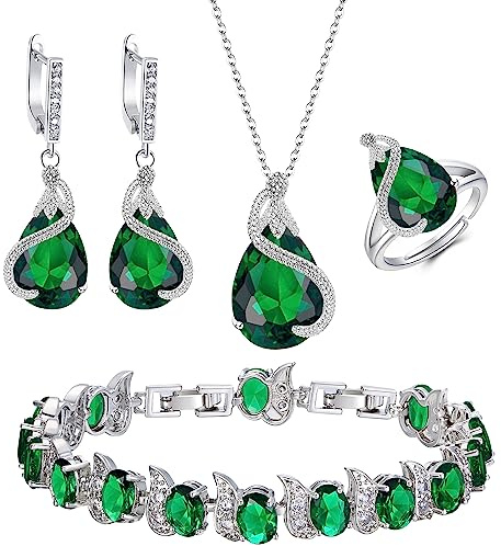 Ever Faith Women's Jewellery Set Green Silver-Tone 4 PCS